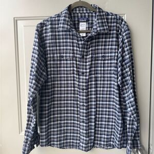 Patagonia Blue, Grey and White Plaid Casual Button-Down Shirt